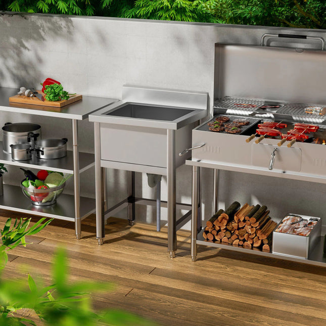 95cm H Freestanding Stainless Steel Commercial Sink with Shelf and Backsplash