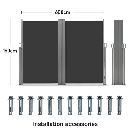 Grey 600x160cm Outdoor Retractable Privacy Reversible Side Awning