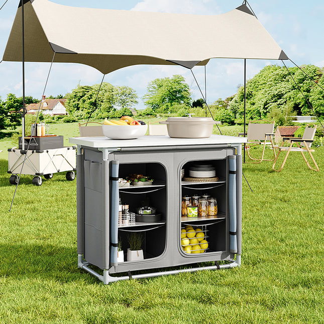 Grey Portable Camping Kitchen BBQ Table Cabinet Storage 100x79cm H