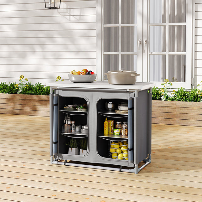 Grey Portable Camping Kitchen BBQ Table Cabinet Storage 100x79cm H