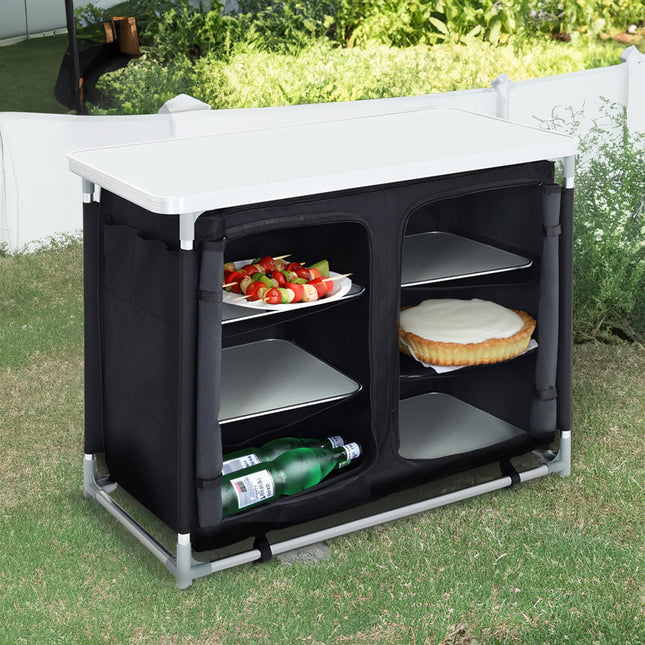 Large Camping Kitchen Cook Table Stand Folding Storage Unit Black 100x79cm H