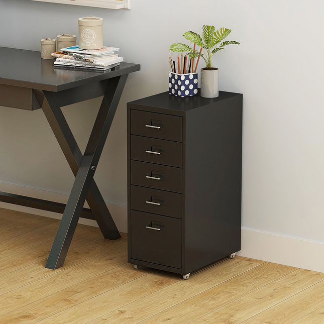 Office Rolling File Cabinet with 5 Drawers Shelf and Wheels, Black