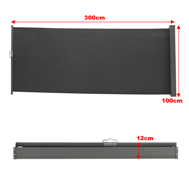 300x100CM Retractable Side Awning Garden Privacy Screen Windbreak Sunshade Black