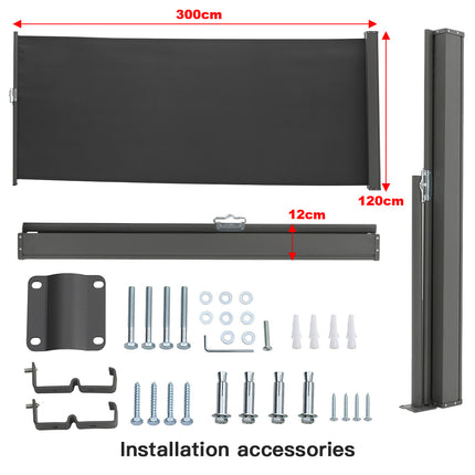300x120CM Retractable Side Awning Garden Privacy Screen Windbreak Sunshade, Grey