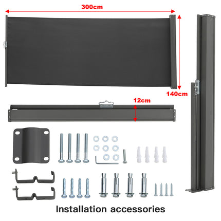 300x140CM Retractable Side Awning Garden Privacy Screen Windbreak Sunshade, Black