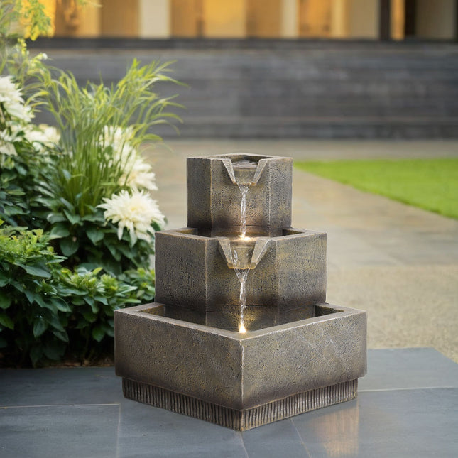 Multi-Tier Modern Garden Fountain with LED Lights 37cm H