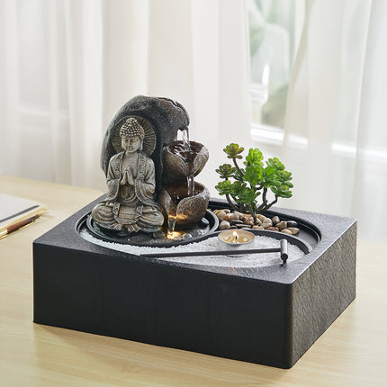 Buddha Zen Tabletop Fountain with LED Lights and Succulents