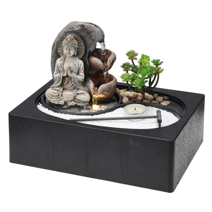Buddha Zen Tabletop Fountain with LED Lights and Succulents