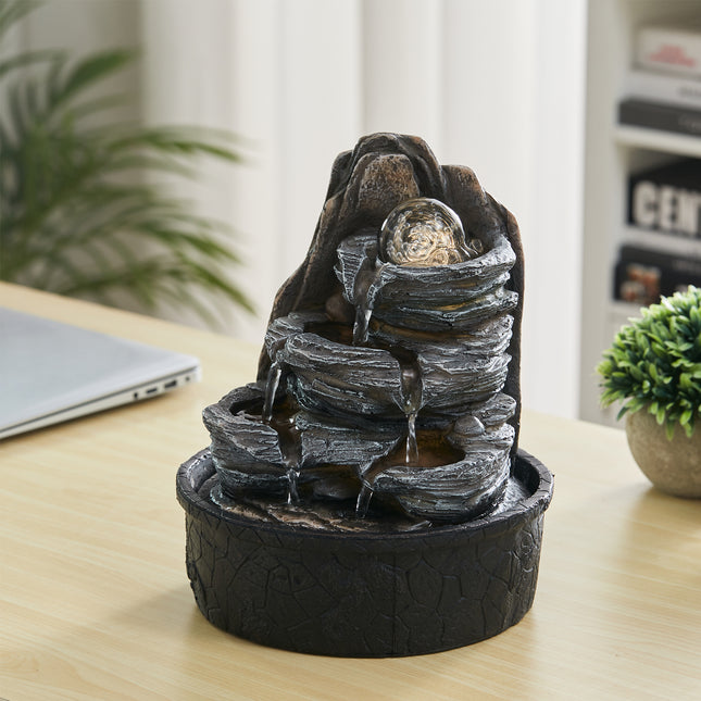 Layered Rock Cascading Tabletop Fountain with LED Crystal Ball