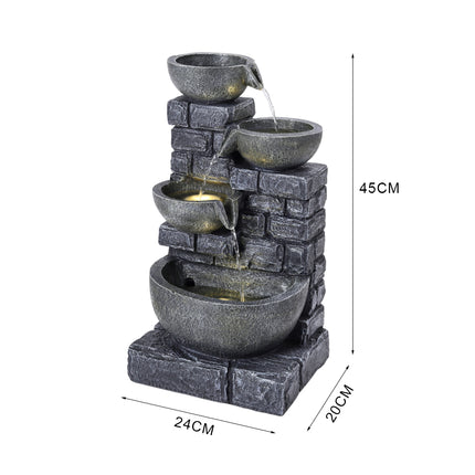 Grey 4 Tier Bowl Solar Water Fountain with LED Light 45cm H