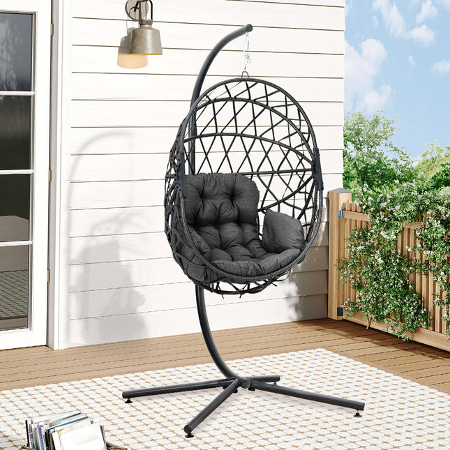 Woven Outdoor Egg Chair with Stand and Cushion