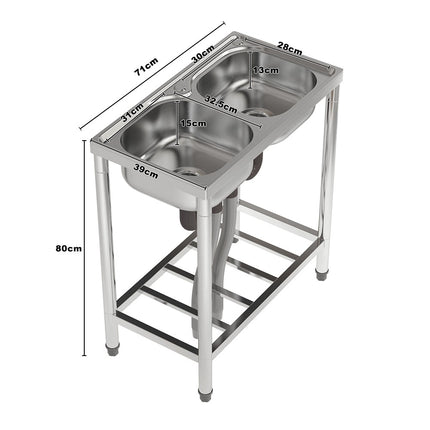 80cm H  Freestanding Two Compartment Stainless Steel Sink with Shelf