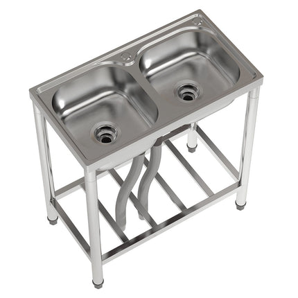 80cm H  Freestanding Two Compartment Stainless Steel Sink with Shelf