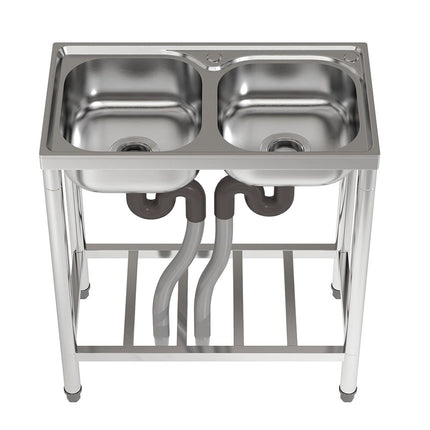 80cm H  Freestanding Two Compartment Stainless Steel Sink with Shelf