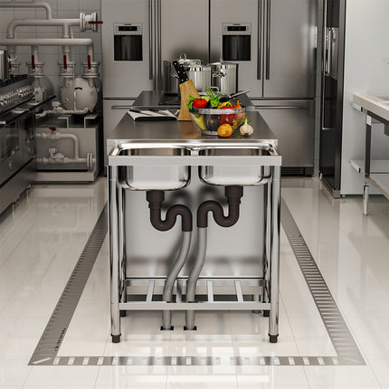 80cmH  Freestanding Two Compartment Kitchen Stainless Steel Sink with Shelf