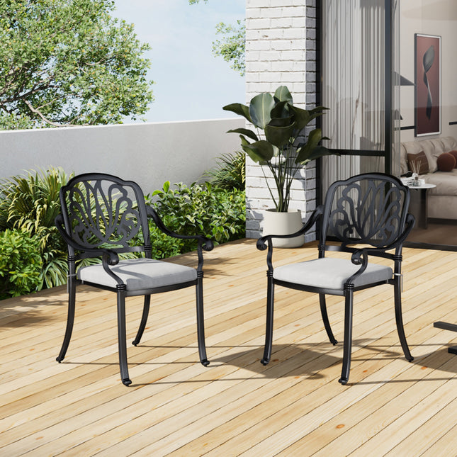 Black Set of 2 Outdoor Cast Aluminum Dining Chairs with Cushions