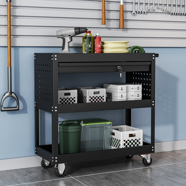 3 Tier Rolling Tool Cart with Lockable Drawer