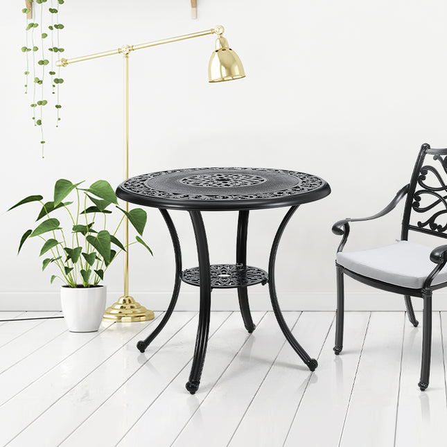 80cm Black Cast Aluminum Patio Dining Table with Umbrella Hole