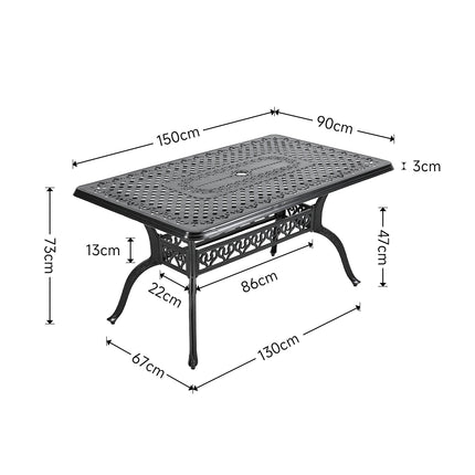 150cm Outdoor Cast Aluminum Square Patio Table with Umbrella Hole