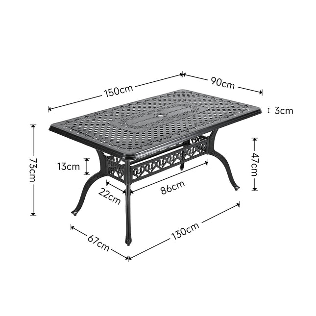 150cm Outdoor Cast Aluminum Square Patio Table with Umbrella Hole