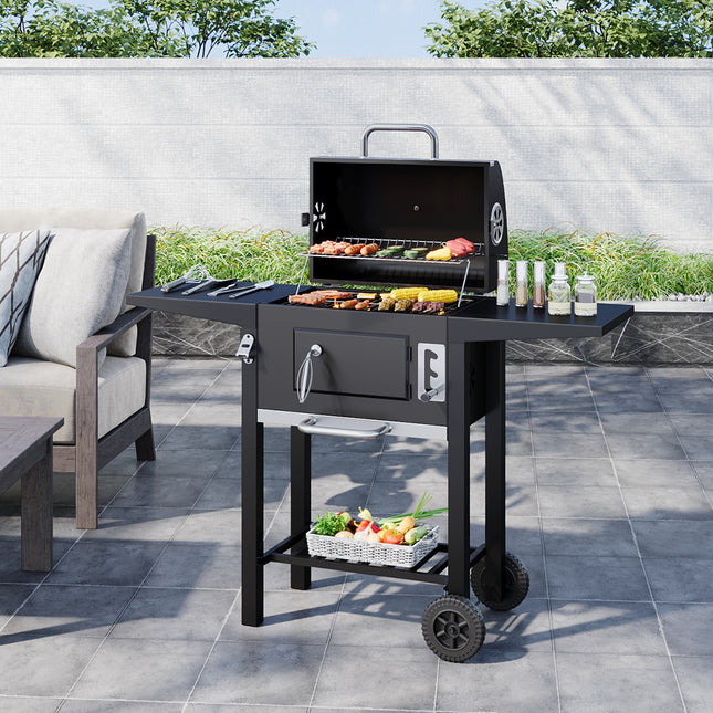 Black Outdoor Charcoal Grill with Smoke Stack