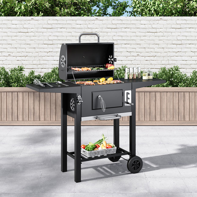 Black Outdoor Charcoal Grill with Smoke Stack