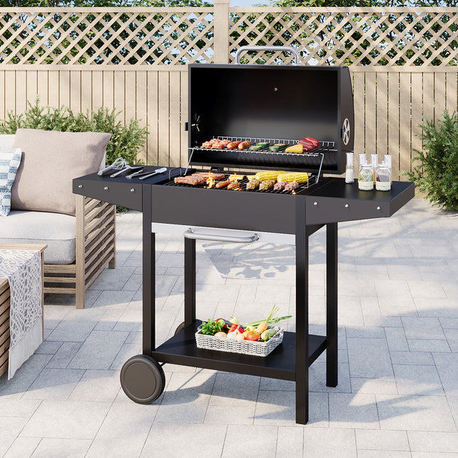 Outdoor Garden Charcoal Grill with Side Tables and storage rack