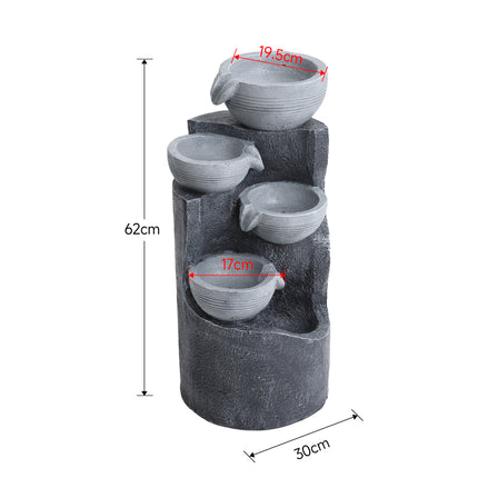 4 Tier Bowl Outdoor Solar Powered Water Fountain Rockery Decor with LED Light 62cm H