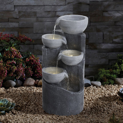 4 Tier Bowl Outdoor Solar Powered Water Fountain Rockery Decor with LED Light 62cm H