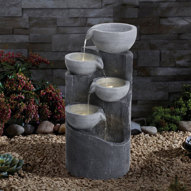 4 Tier Bowl Outdoor Solar Powered Water Fountain Rockery Decor with LED Light 62cm H
