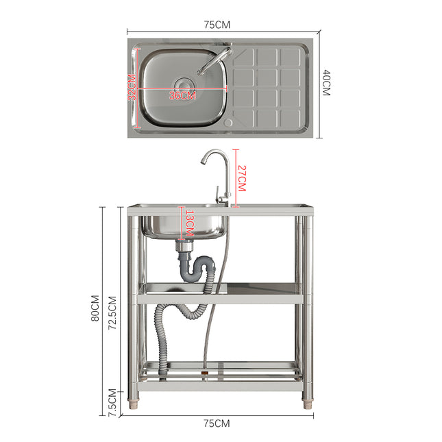 80cm H Silver Kitchen Stainless Steel One Compartment Sink with Shelves and Drainboard