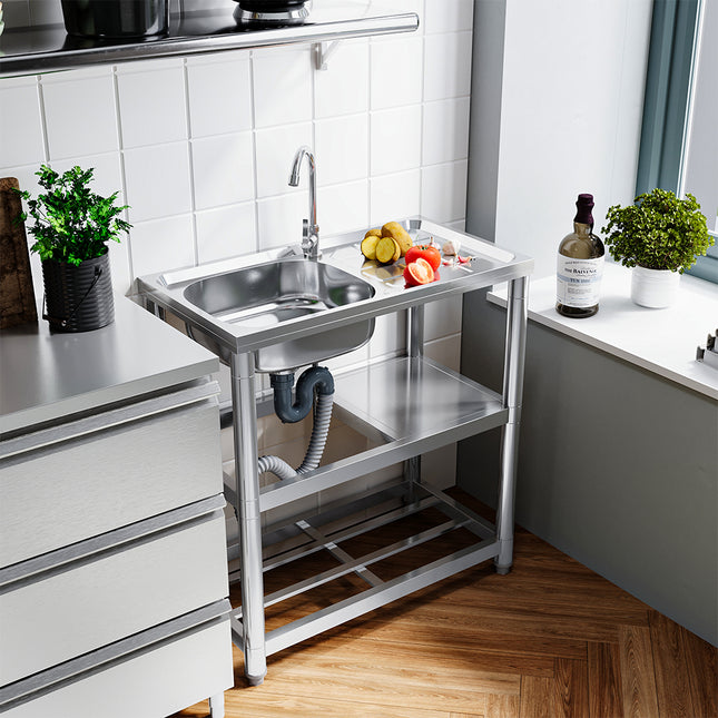 80cm H Silver Kitchen Stainless Steel One Compartment Sink with Shelves and Drainboard