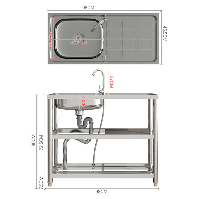 80cm H Freestanding Stainless Steel One Compartment Sink with Shelves and Drainboard