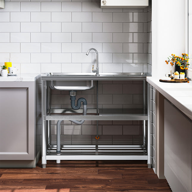80cm H Freestanding Stainless Steel One Compartment Sink with Shelves and Drainboard