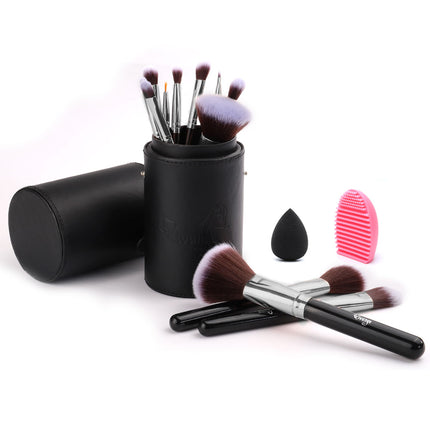 12 Pcs Travel Makeup Brush Set with Makeup Sponge and Brush Cleaner