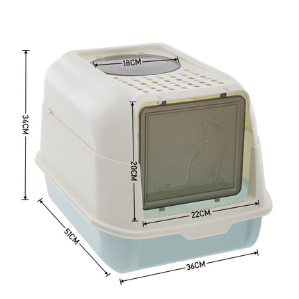 Large Top Entry Hooded Cat Litter Box with Scoop Blue and Grey