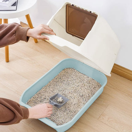 Large Top Entry Hooded Cat Litter Box with Scoop Blue and Grey