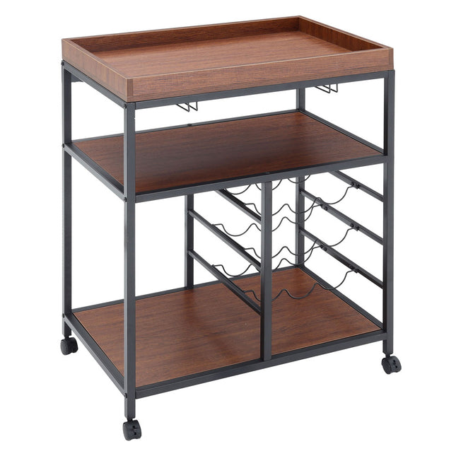 3 Tier Kitchen Trolley with Tea Tray Wood Storage Shelf and Wine Rack Brown H92.5cm