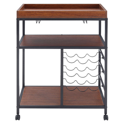 3 Tier Kitchen Trolley with Tea Tray Wood Storage Shelf and Wine Rack Brown H92.5cm