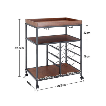 3 Tier Kitchen Trolley with Tea Tray Wood Storage Shelf and Wine Rack Brown H92.5cm