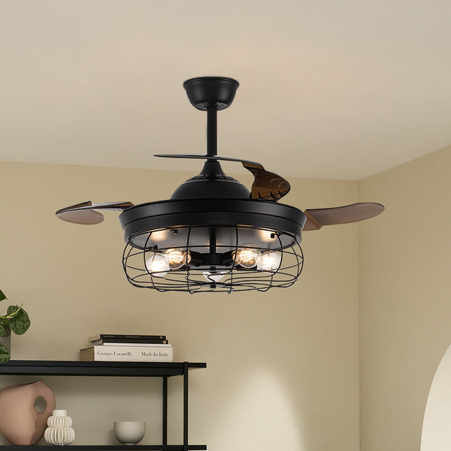 Black Cage Style Ceiling Fan with Lights