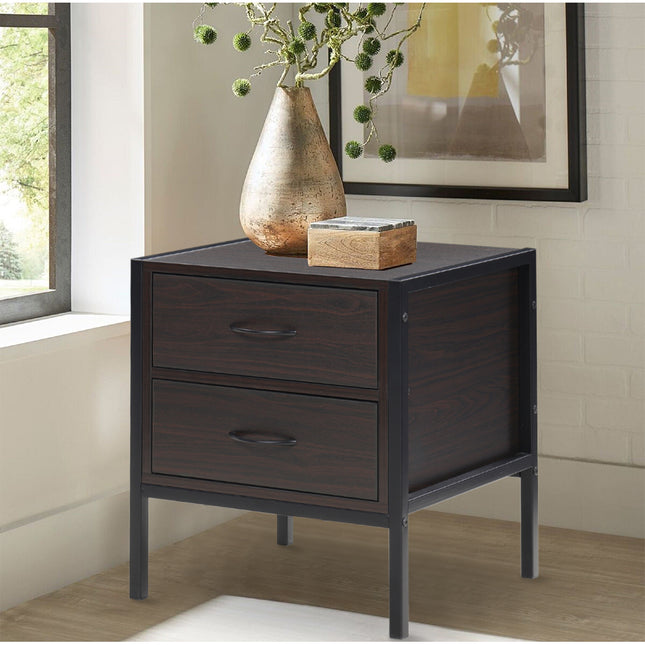 Dark Brown Retro Style Wooden Bedside Cabinet with 2 Drawers 50 cm H