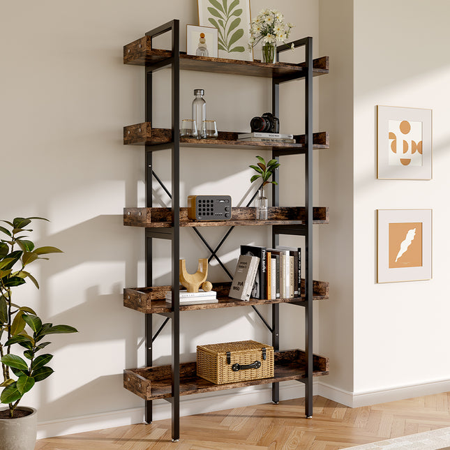 Brown 5 Tier Industrial Shelving Unit Bookcase Display Shelf