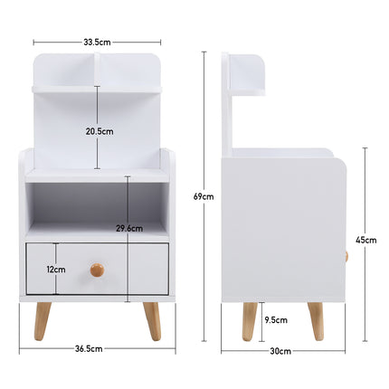 White Wooden Bedside Table with a Shelf and Drawer