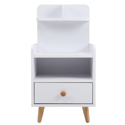 White Wooden Bedside Table with a Shelf and Drawer
