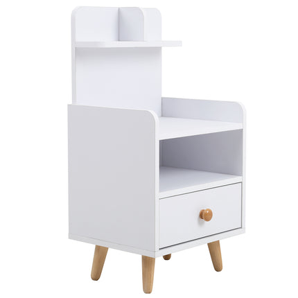 White Wooden Bedside Table with a Shelf and Drawer