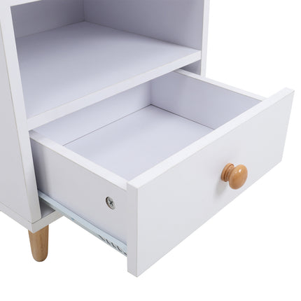 White Wooden Bedside Table with a Shelf and Drawer