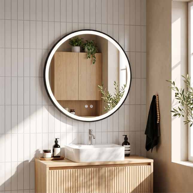 80cm Round LED Bathroom Wall Mirror with Black Metal Frame