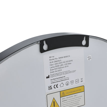 Black 60cm Round Metal LED Mirror with Hanging Strap