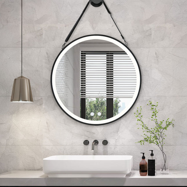 Black 60cm Round Metal LED Mirror with Hanging Strap